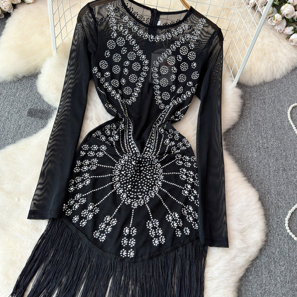 Sequin Fringe Black Cocktail Dress