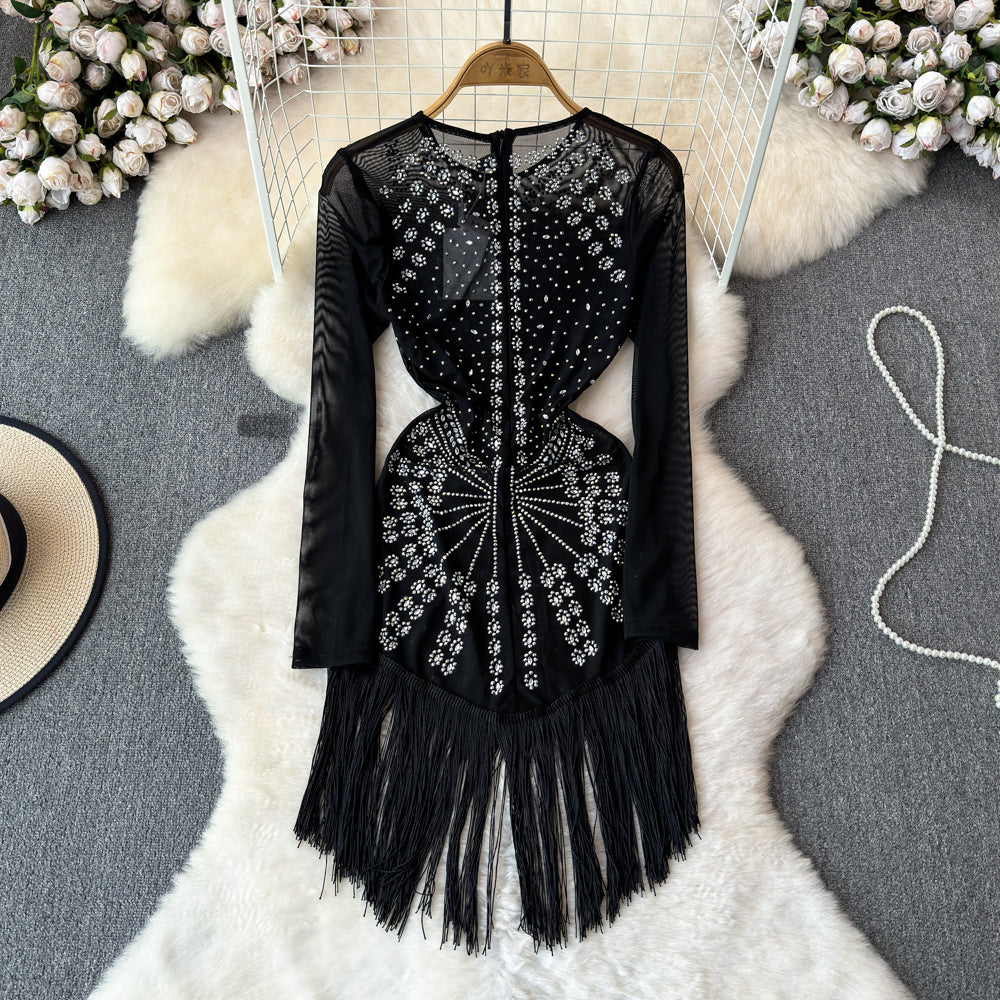 Sequin Fringe Black Cocktail Dress
