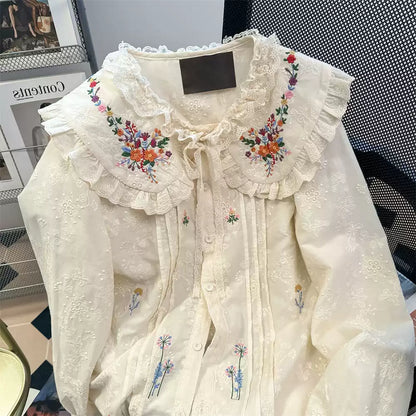 Victorian-Inspired Doll Collar Embroidered Blouse