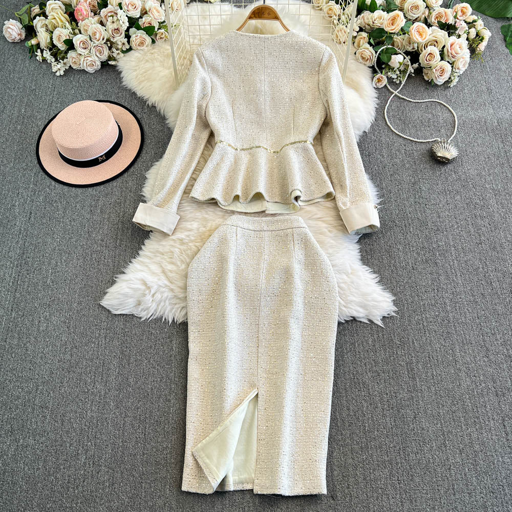Ruffled Blazer&Slim Skirt Tweed 2Pcs