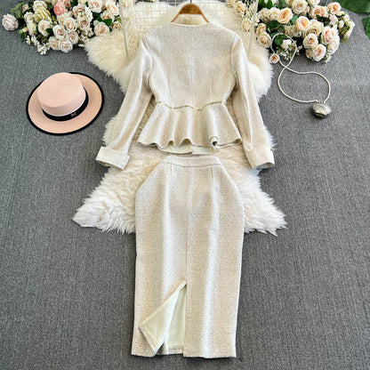 Ruffled Blazer&Slim Skirt Tweed 2Pcs