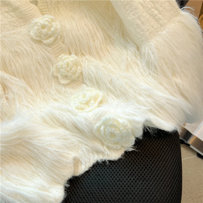 3D Flower Mink Patchwork Cardigan