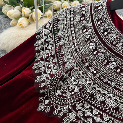 Bead-Adorned Suede Maxi Dress