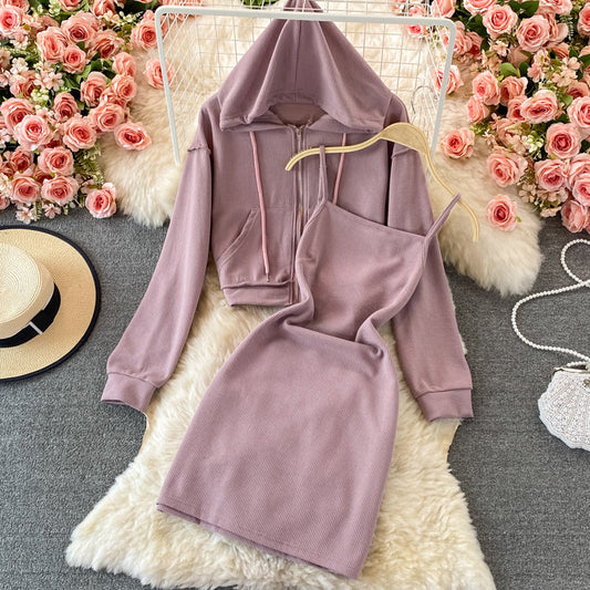 Cropped  Zip Up Hoodie with Slip Dress
