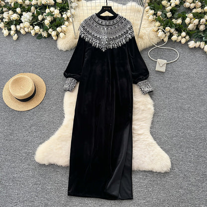 Bead-Adorned Suede Maxi Dress