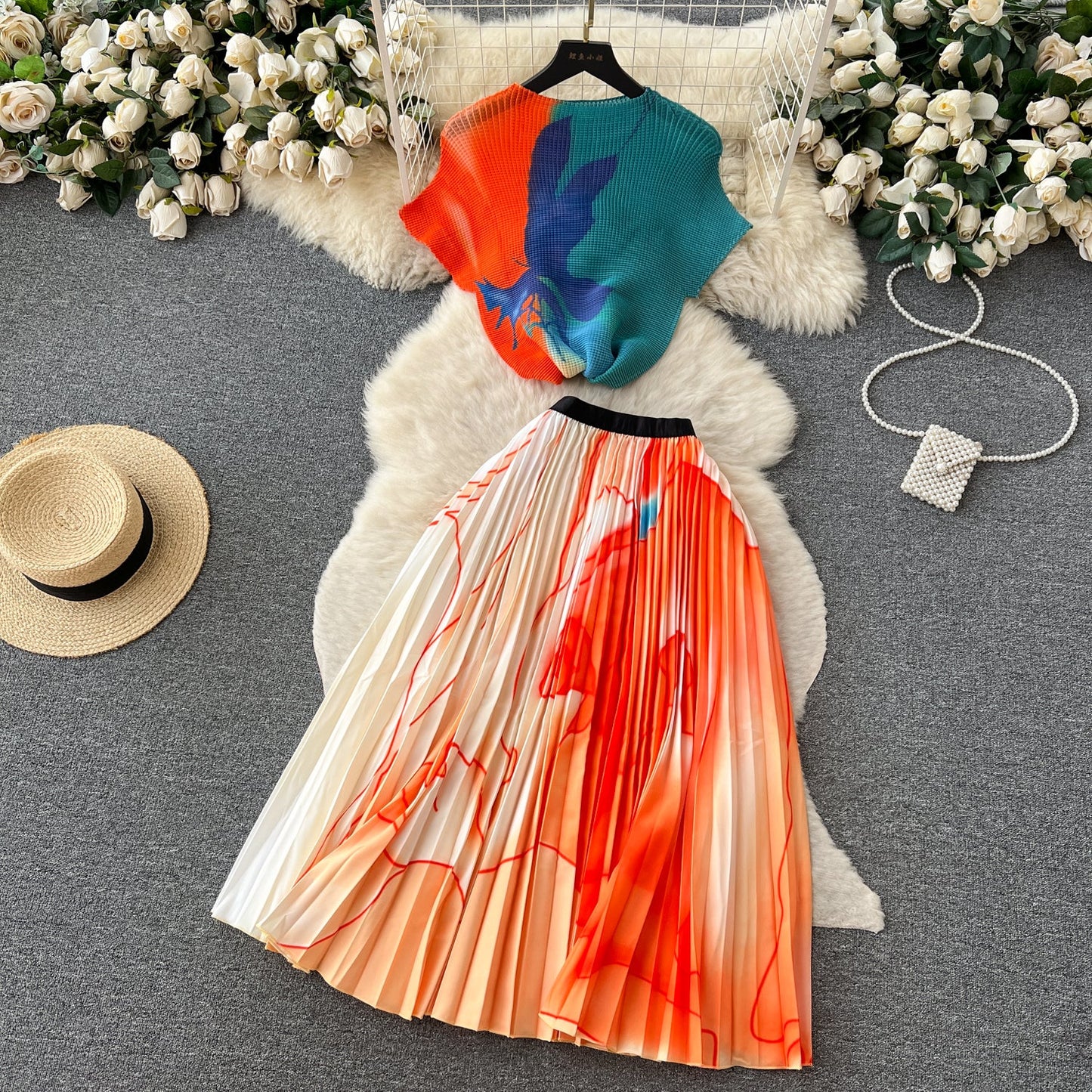 Printed Top&Pleated Skirt 2Pcs