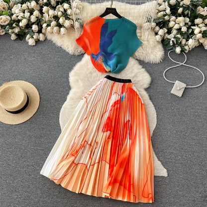Printed Top&Pleated Skirt 2Pcs