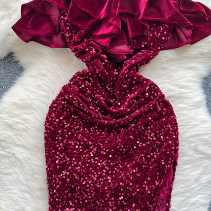 Ruffled Neckline Sequined Velvet Dress