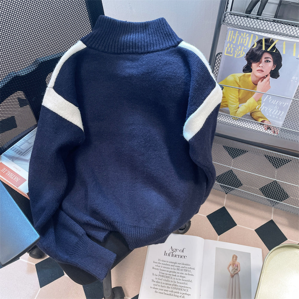 Stand Collar Color-blocking Striped Cardigan