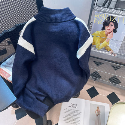 Stand Collar Color-blocking Striped Cardigan