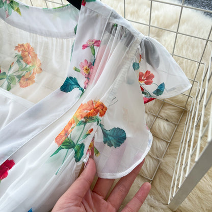 Deep V-neck Floral Chiffon Dress
