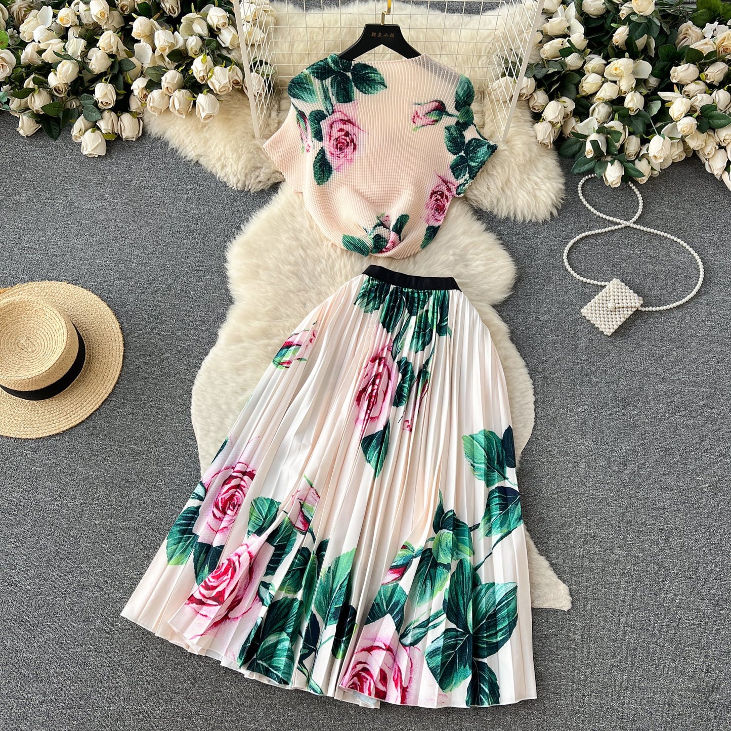 Printed Top&Pleated Skirt 2Pcs