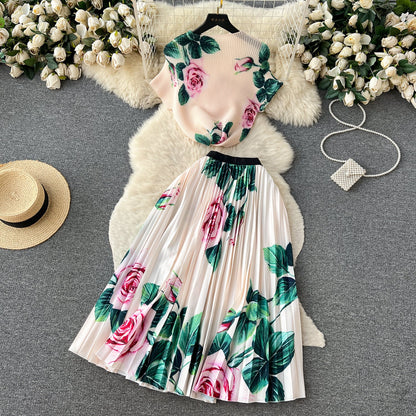 Printed Top&Pleated Skirt 2Pcs