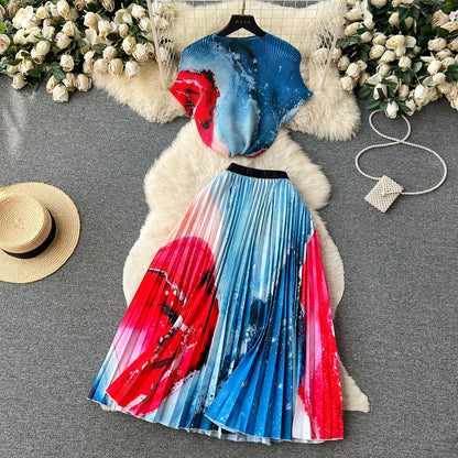 Printed Top&Pleated Skirt 2Pcs