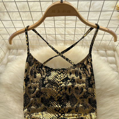 Chic Gold Stamped Slip Jumpsuits