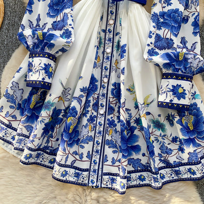 Suit Collar Printed V-neck Shirt Dress