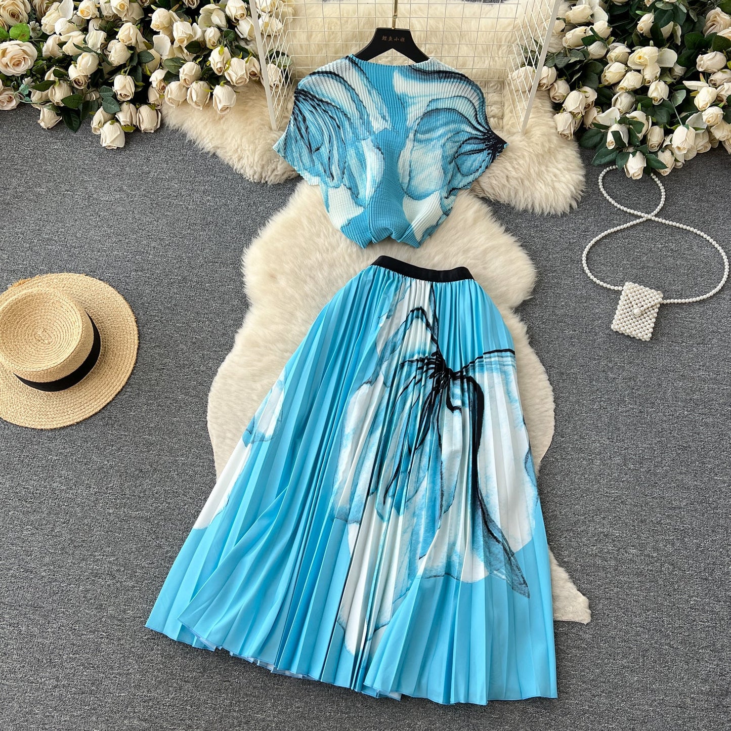Printed Top&Pleated Skirt 2Pcs