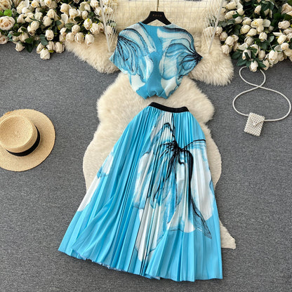 Printed Top&Pleated Skirt 2Pcs