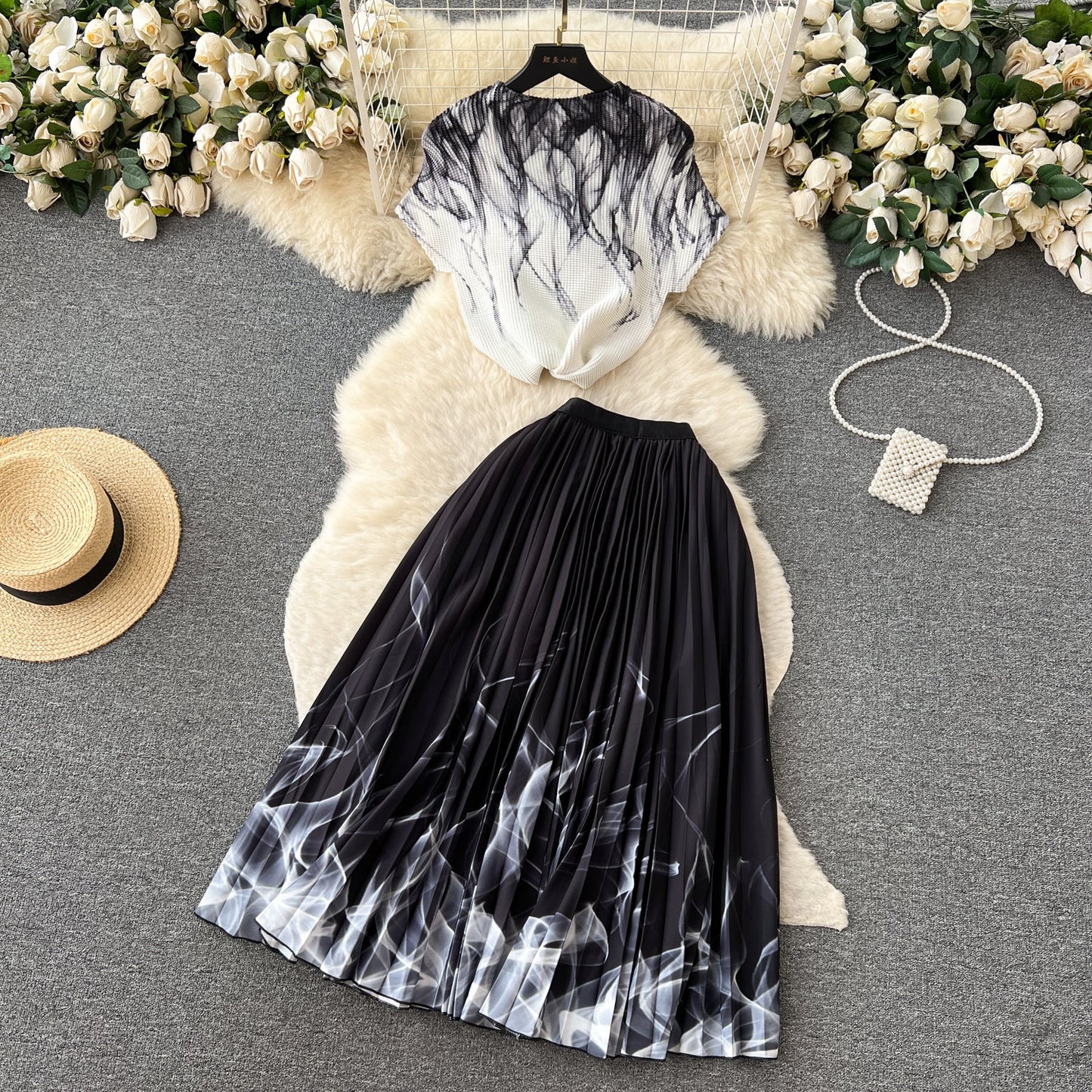 Printed Top&Pleated Skirt 2Pcs