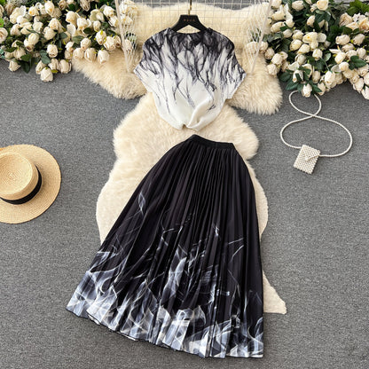 Printed Top&Pleated Skirt 2Pcs