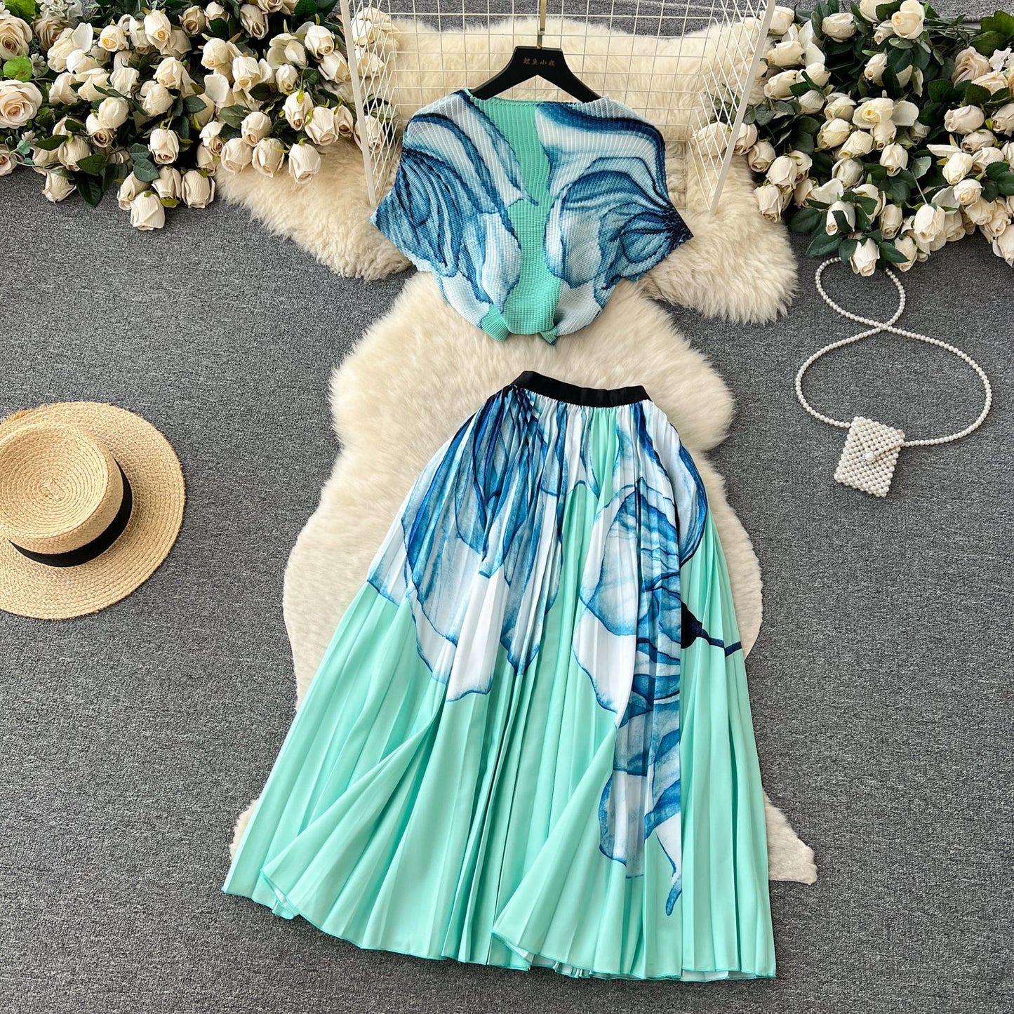 Printed Top&Pleated Skirt 2Pcs
