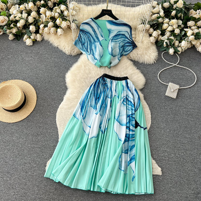 Printed Top&Pleated Skirt 2Pcs