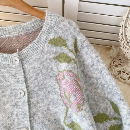 Round Collar Floral Embroidered Cardigan