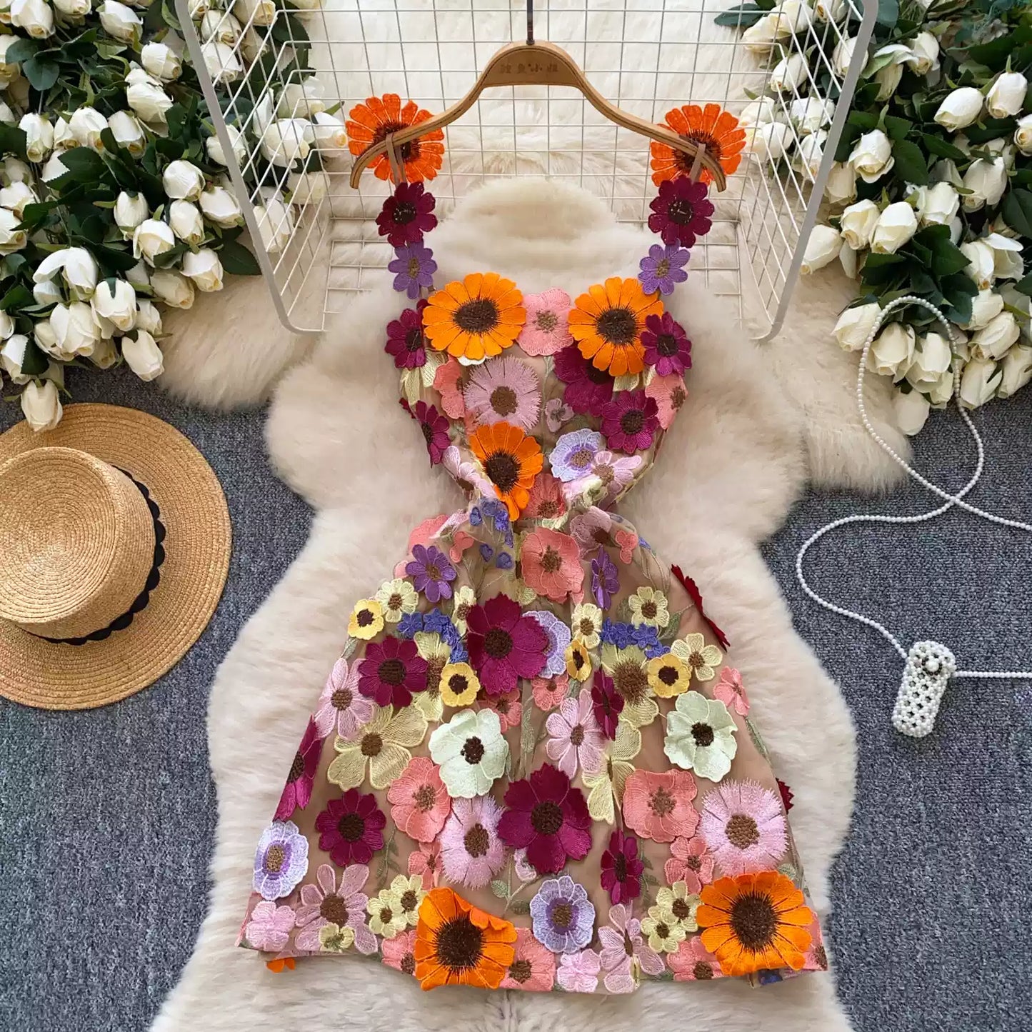 Blooming Floral Embroidery Party Dress