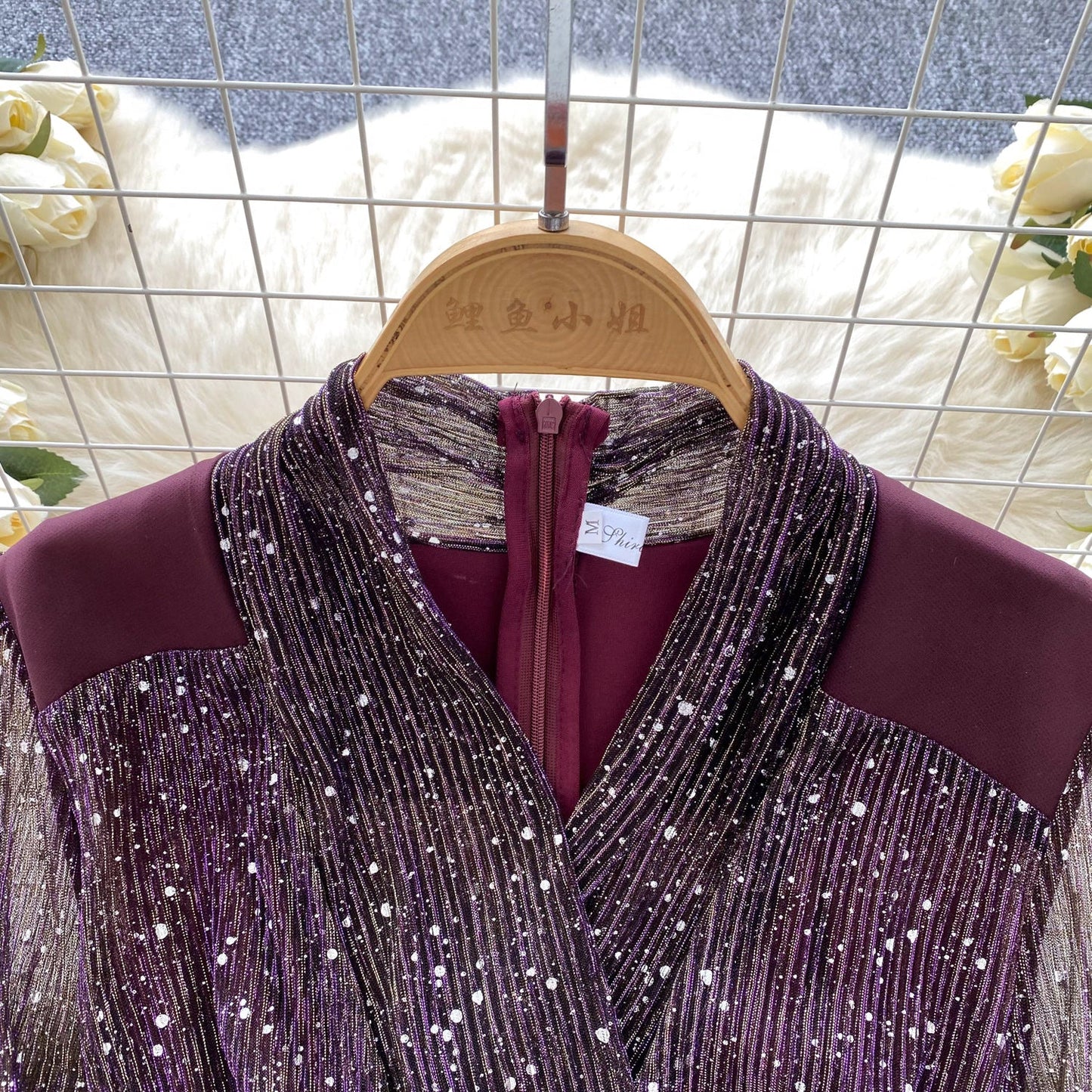 Sequined Mesh Patchwork Satin Dress