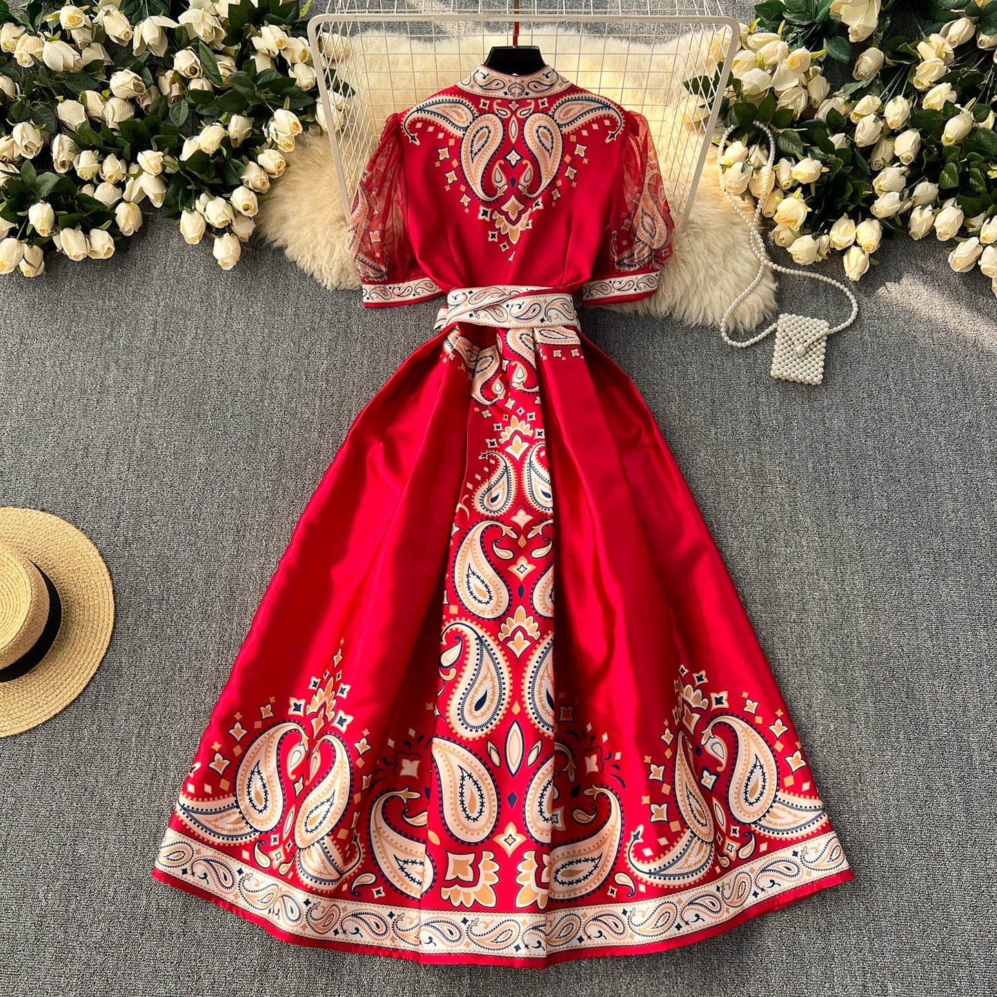 Courtly Floral Printed One-piece Dress