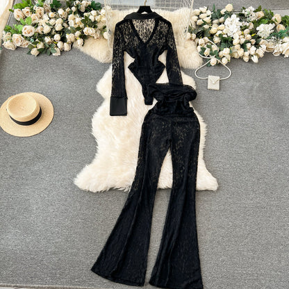 Designer Black Lace Jumpsuit & Trousers Set