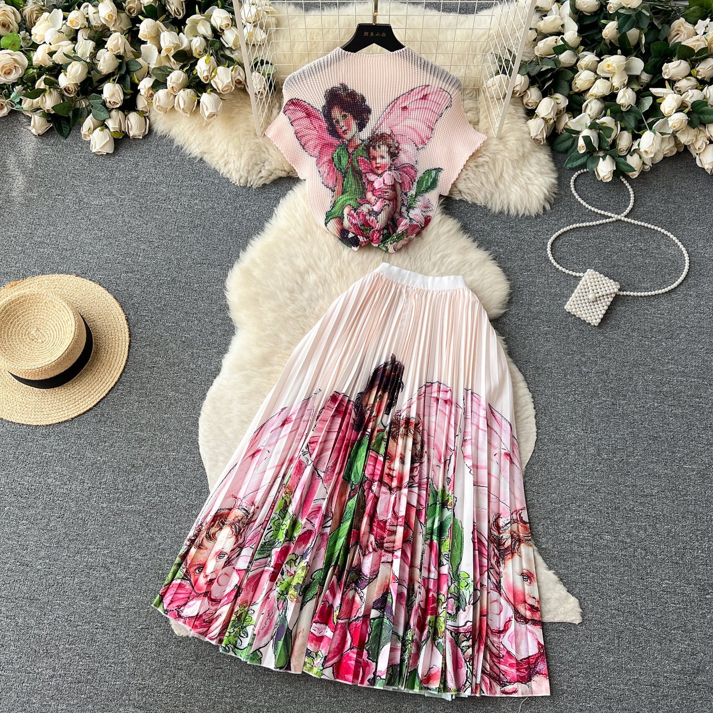 Printed Top&Pleated Skirt 2Pcs
