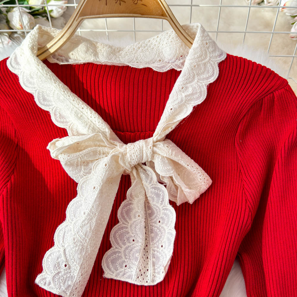 Lace Bow-tie Knitwear&Skirt Elegant 2Pcs