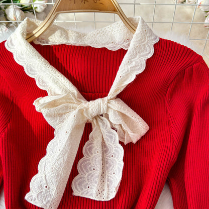 Lace Bow-tie Knitwear&Skirt Elegant 2Pcs