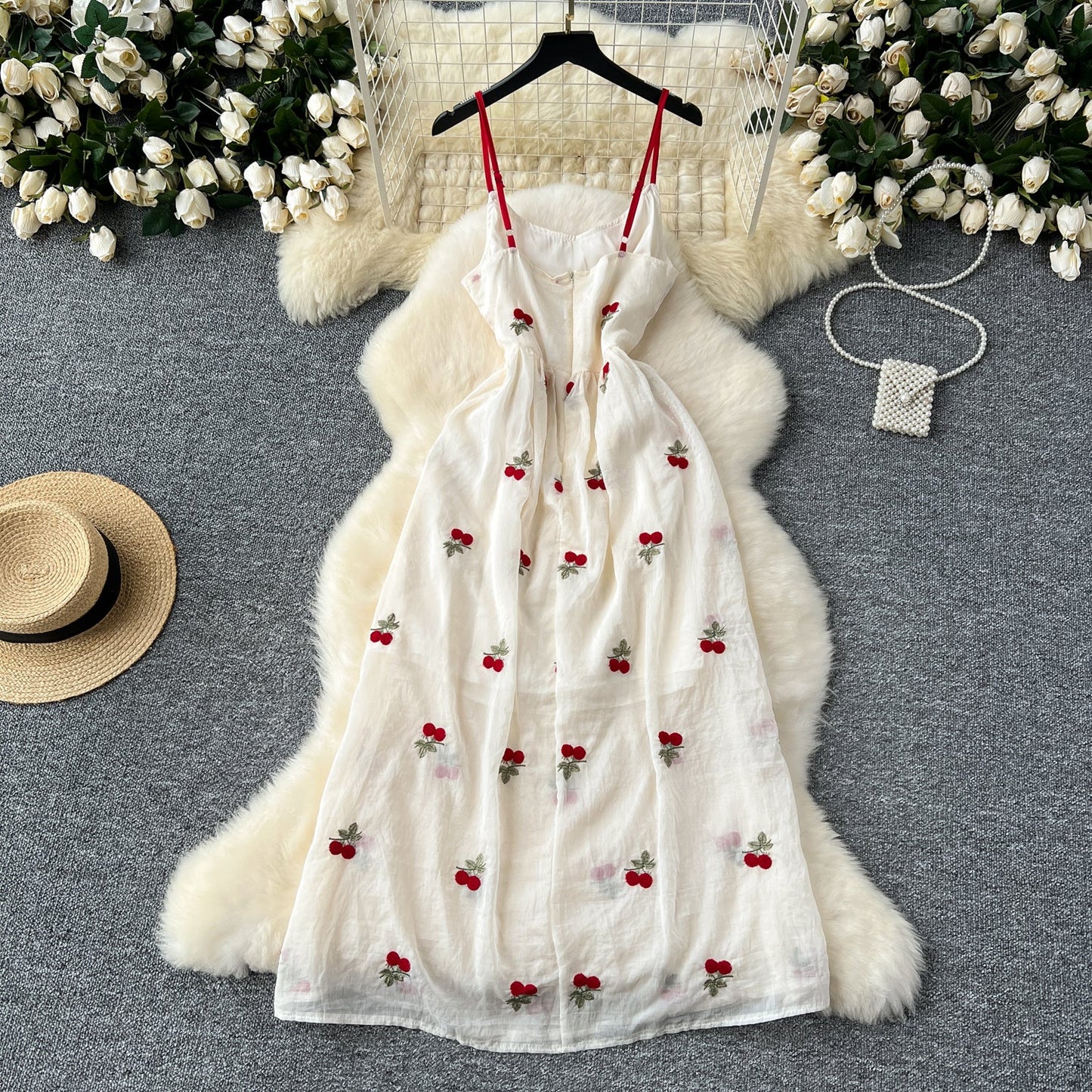 Sweetie Cherry Embroidered Slip Dress