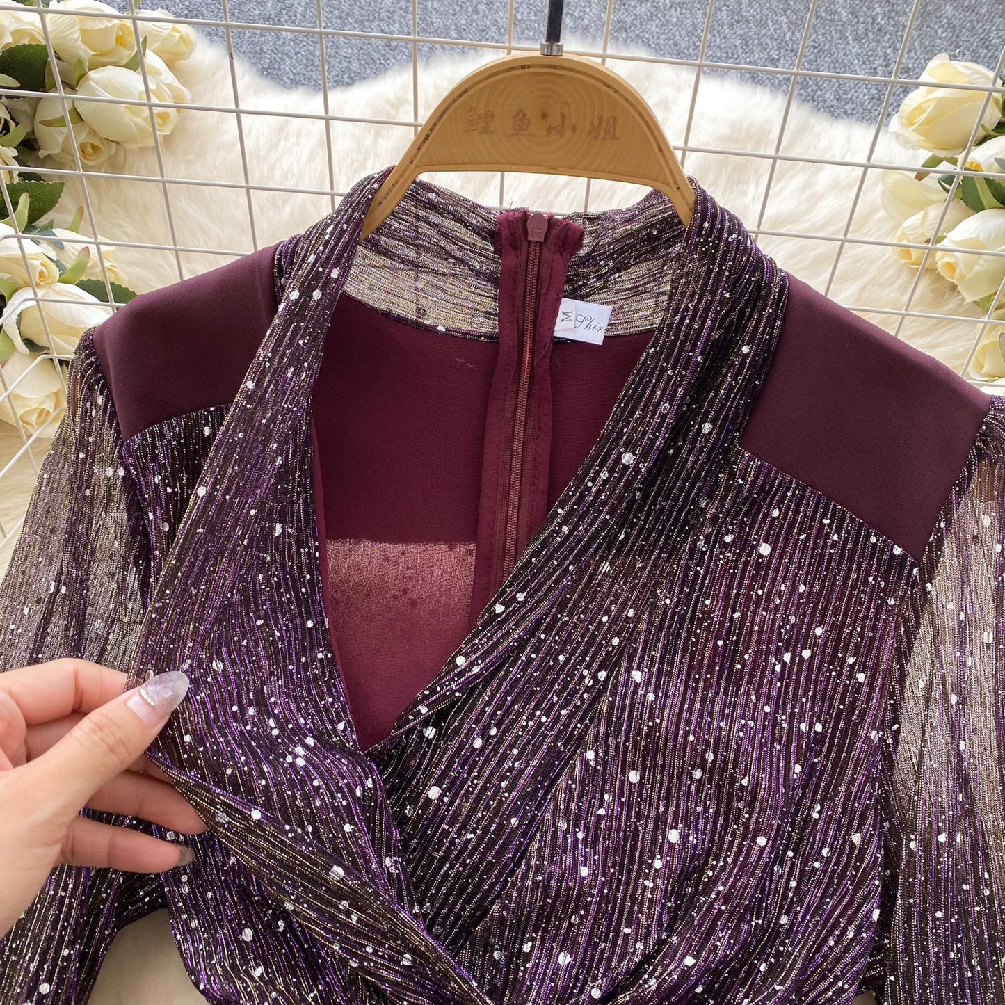 Sequined Mesh Patchwork Satin Dress