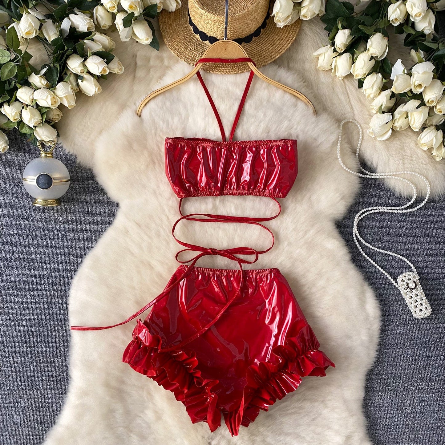 Halter Top&Ruffled Shorts PU 2Pcs