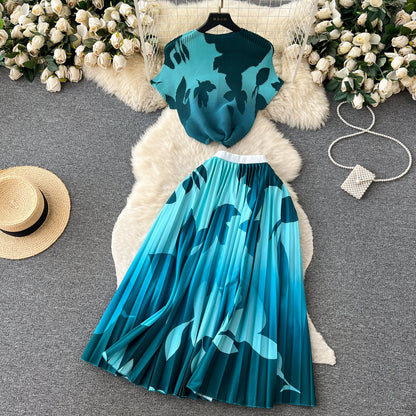 Printed Top&Pleated Skirt 2Pcs
