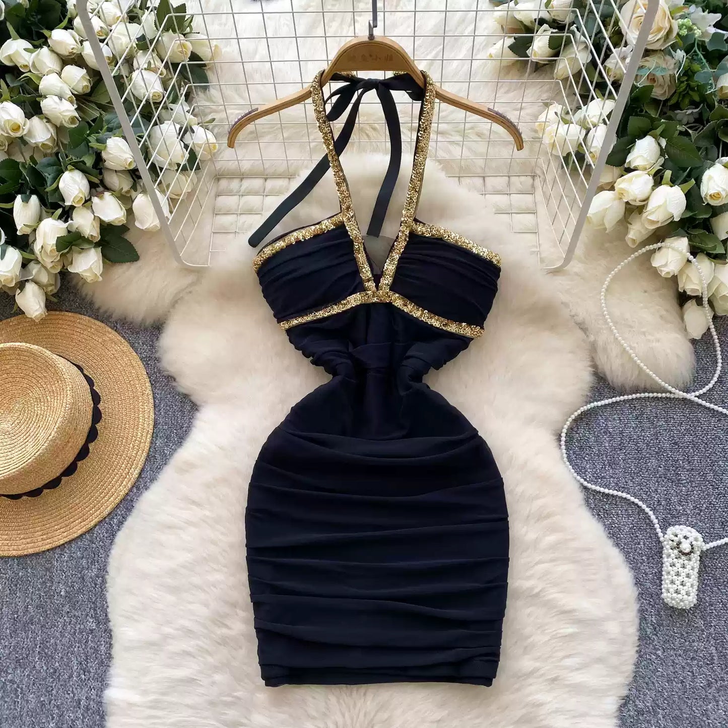 Deep V-neck Sequined Pleated Dress