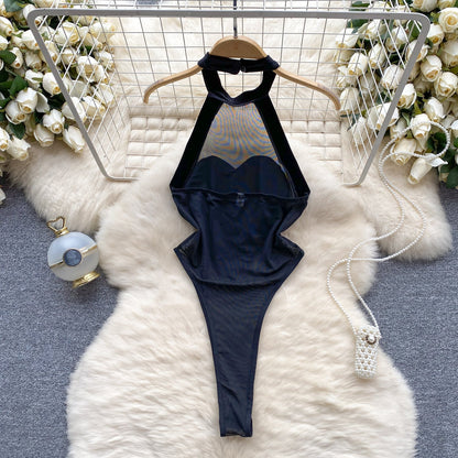 Sheer Mesh Cutout Halter Romper
