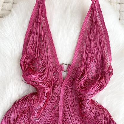 Deep V-neck Fringed Halter Dress
