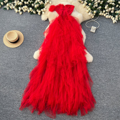 Strapless See-through Mesh Puffy Dress