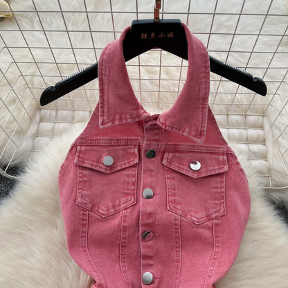 Backless Halter Denim Jumpsuit