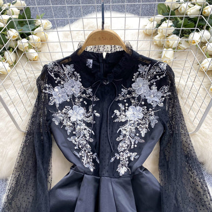 Beaded Mesh Embroidered Black Dress