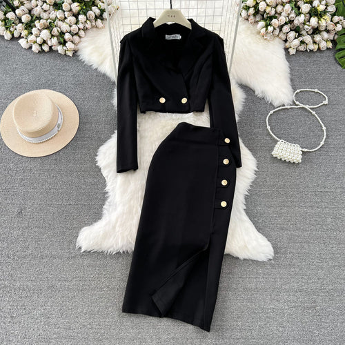 Black Blazer and Skirt Set Office Wear