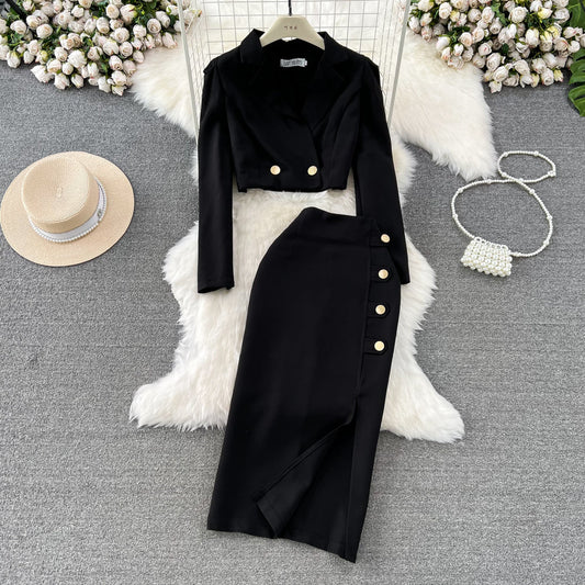 Black Blazer and Skirt Set Office Wear