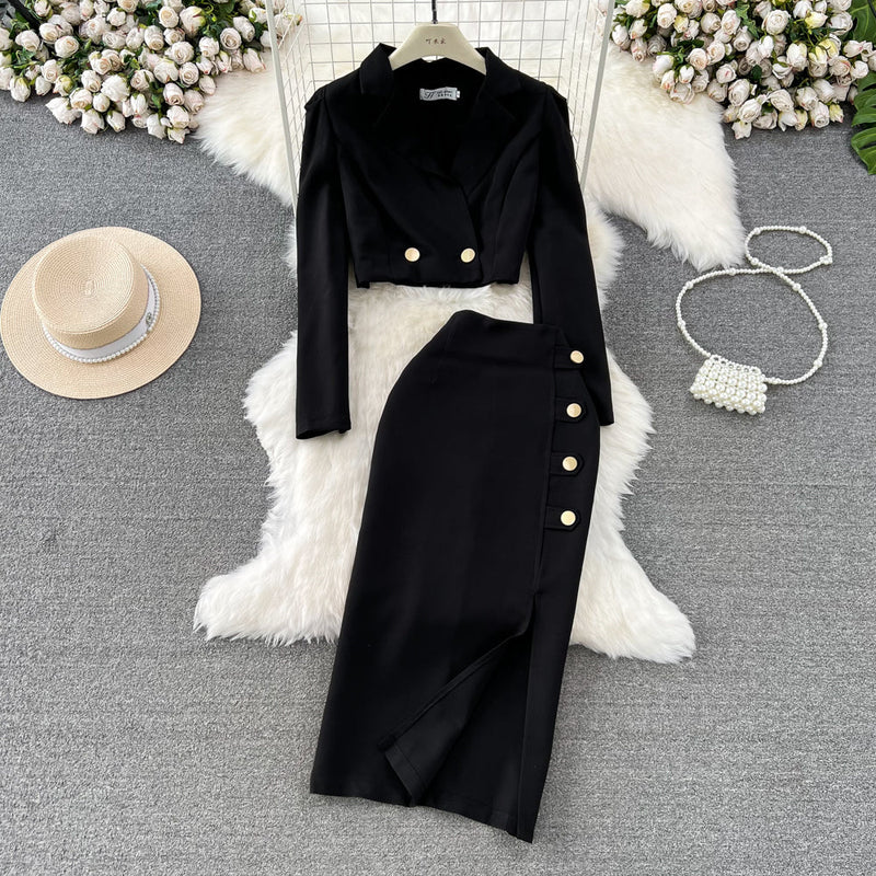 Black Blazer and Skirt Set Office Wear