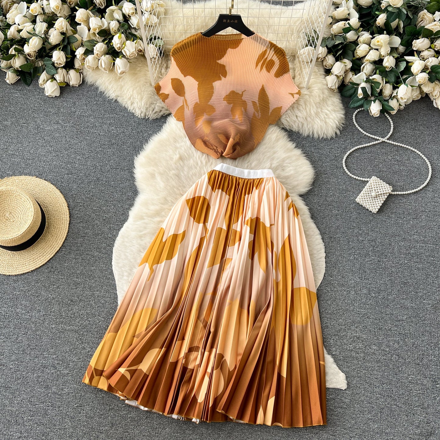 Printed Top&Pleated Skirt 2Pcs