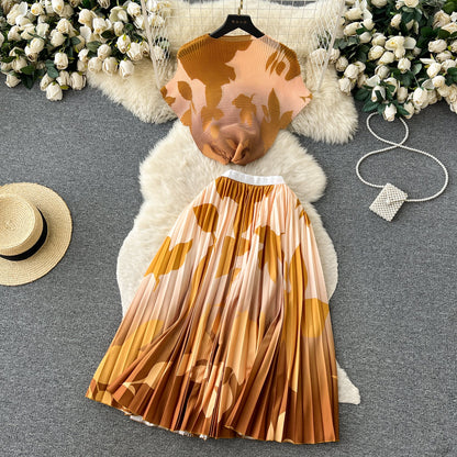 Printed Top&Pleated Skirt 2Pcs