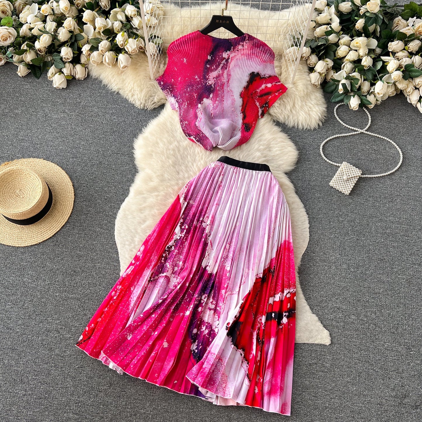 Printed Top&Pleated Skirt 2Pcs